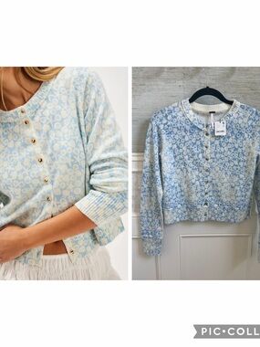 NWT new small free people nocturnal cashmere pattern cardigan blue shell beach